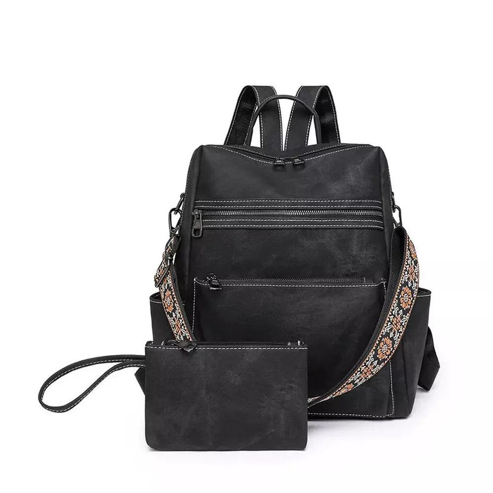 Sac à dos en cuir vintage noir avec poches zippées et bandoulière brodée, avec wristlet