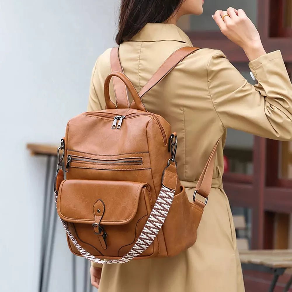 Sac à dos en cuir marron convertible avec compartiments et sangle à motif Grand sac à dos en cuir oldschool