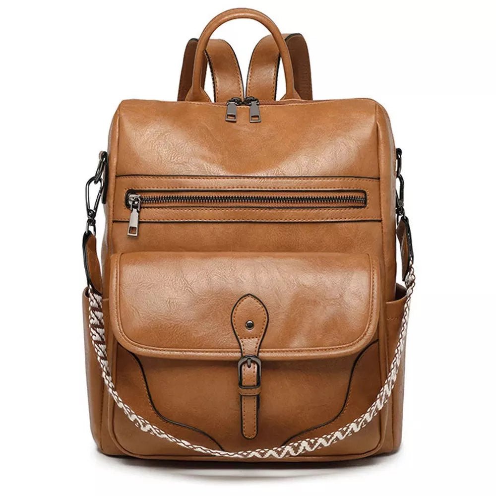 Sac à dos en cuir vieux school marron avec poches zippées et bandoulière à motif