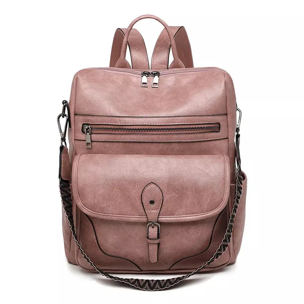 Sac à dos en cuir Oldschool couleur poussière de rose avec plusieurs compartiments zippés
