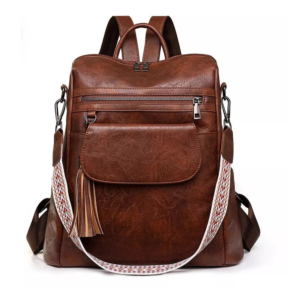 Sac à dos en similicuir marron pour femme avec poches multiples et tassel décoratif