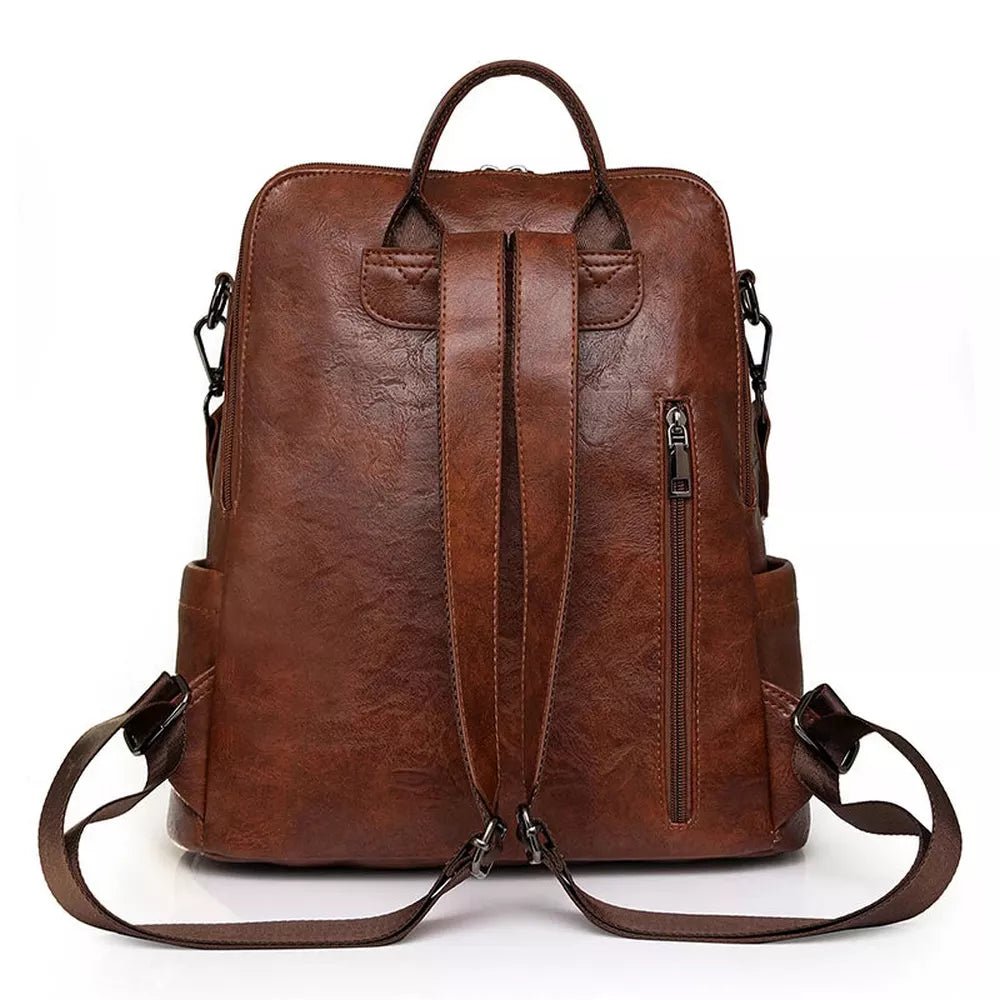 Sac à dos en similicuir marron pour femme avec bretelles ajustables et plusieurs poches