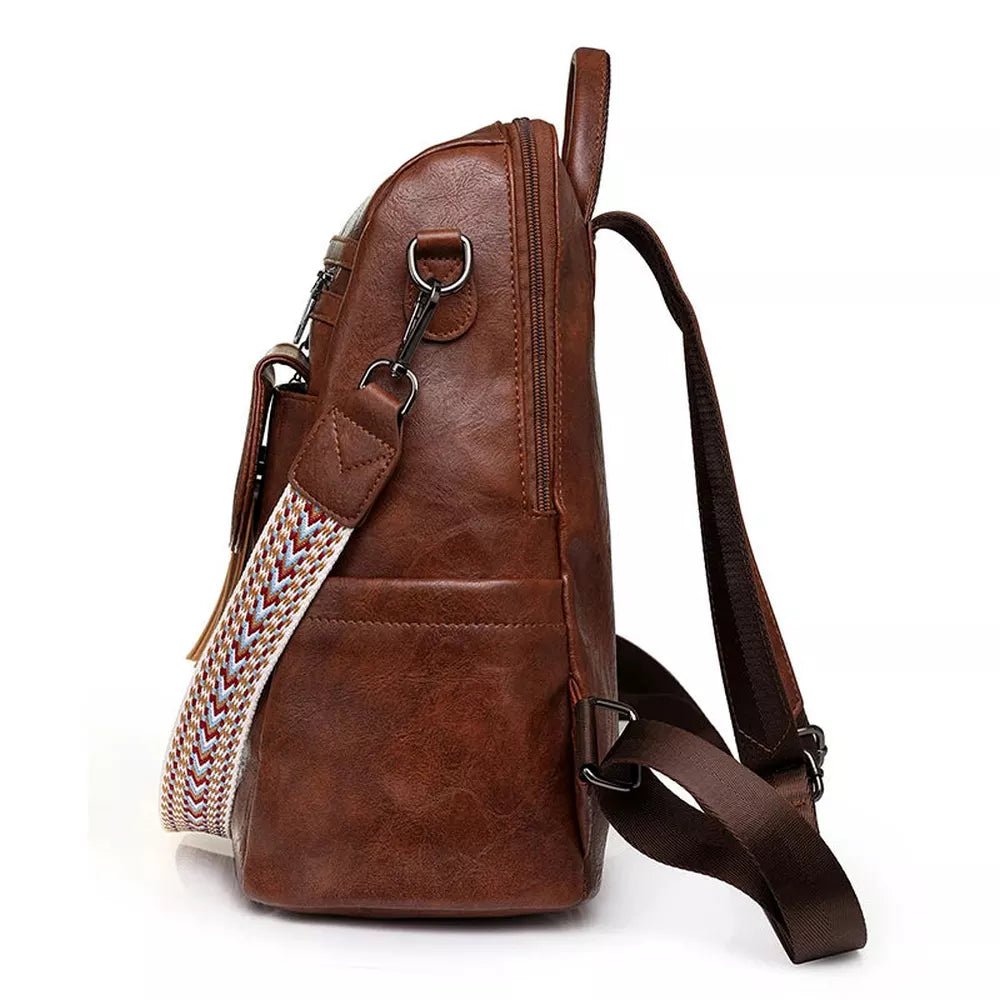 Sac à dos en similicuir pour femme avec sangle en tissu coloré et bretelles marron