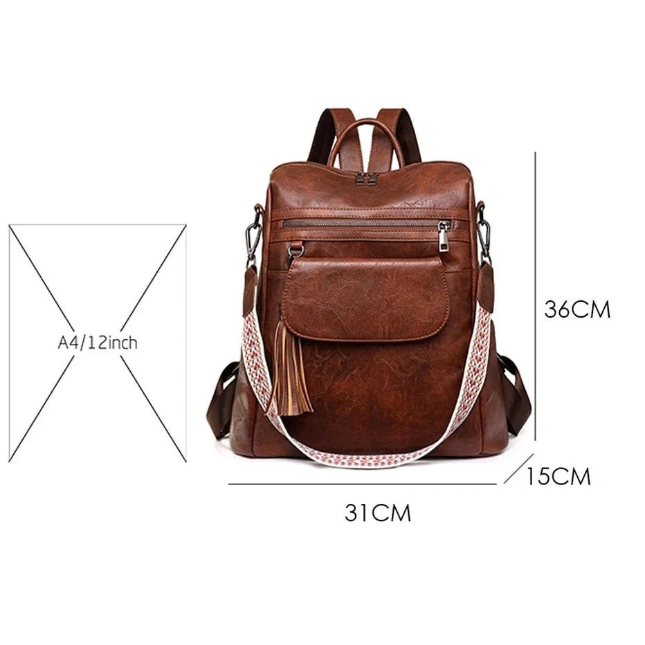 Sac à dos en similicuir marron pour femme avec plusieurs compartiments et sangle à motif