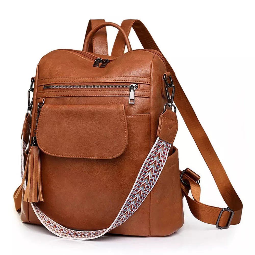 Sac à dos en similicuir marron pour femme avec bandoulière à motif et pendentif tassel