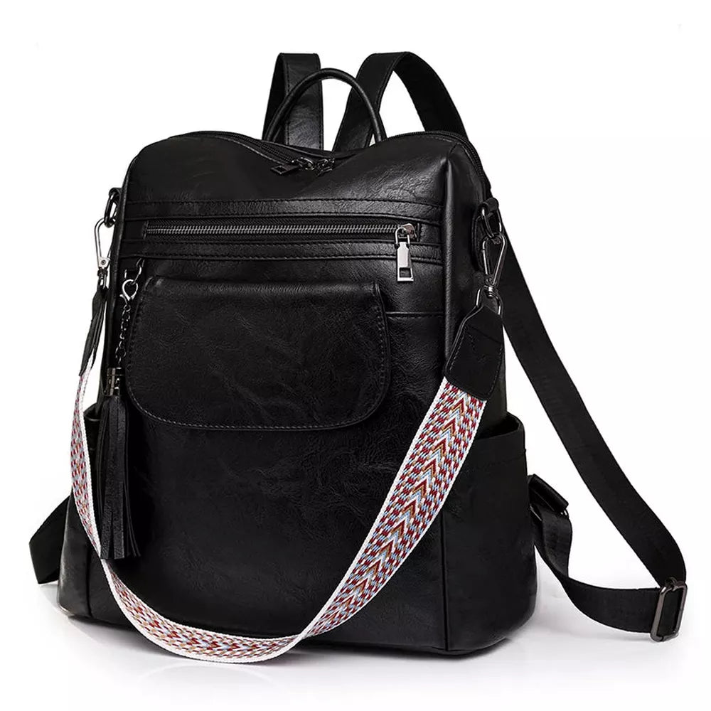 Sac à dos en similicuir noir pour femme avec poches zippées et bandoulière amovible