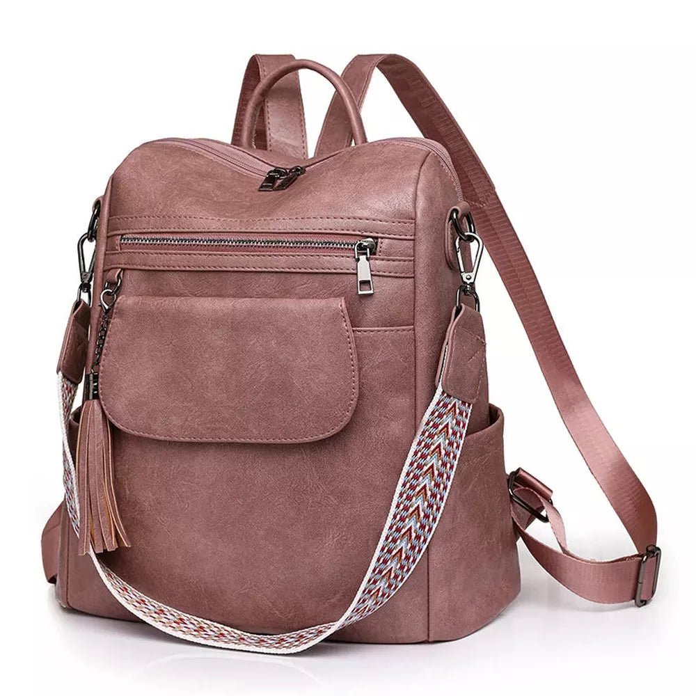 Sac à dos en similicuir rose poussière avec poches zippées, bandoulière solide et détachable