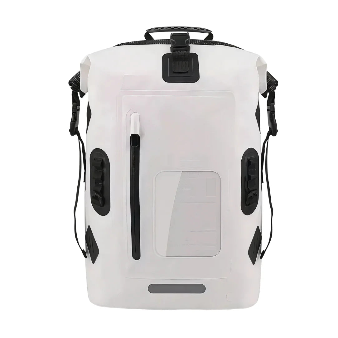 Grand sac à dos imperméable blanc avec accents noirs et fermeture roll-top