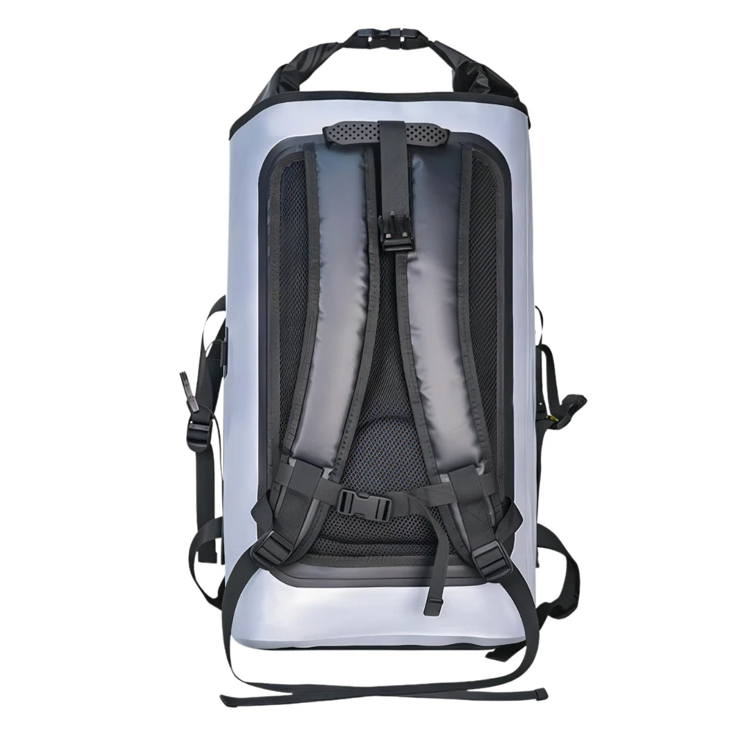 Grand sac à dos imperméable argent et noir avec panneaux de ventilation en maille et sangles ajustables