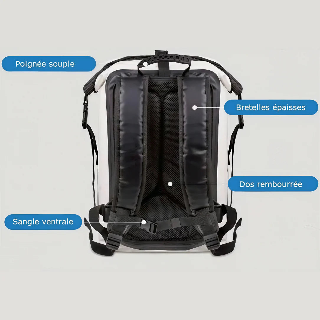 Grand sac à dos imperméable noir et blanc avec bretelles rembourrées