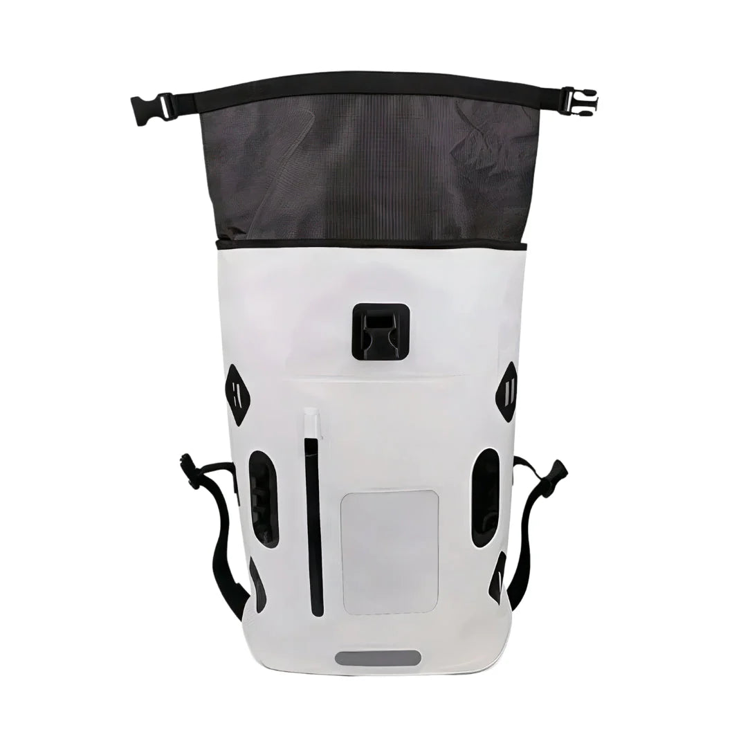 Grand sac à dos imperméable blanc avec accents noirs, fermeture roll-top et poches latérales