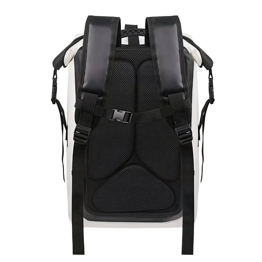 Grand sac à dos imperméable blanc avec panneau arrière en maille noire et bretelles rembourrées