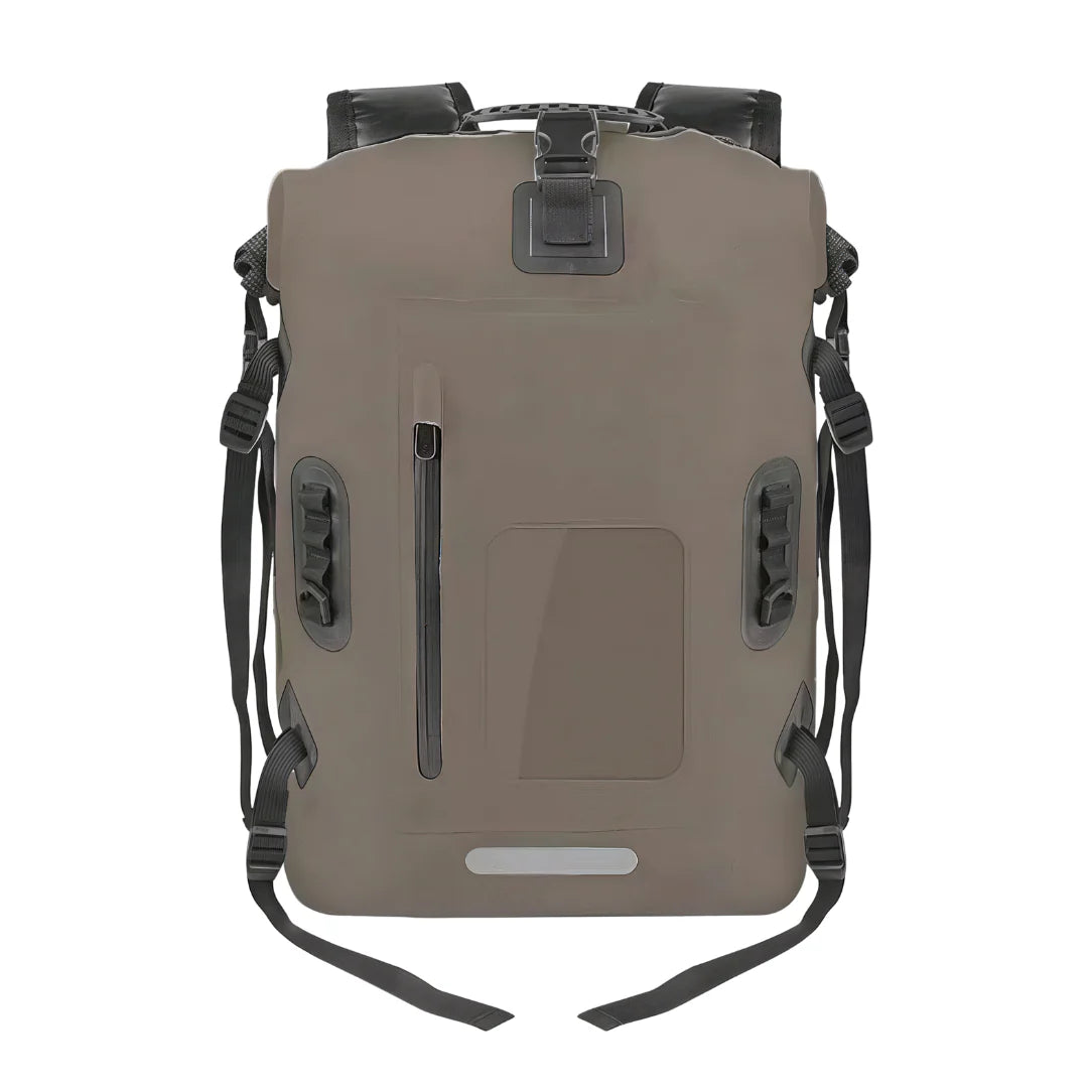 Grand sac à dos imperméable tan avec sangles noires et boucles