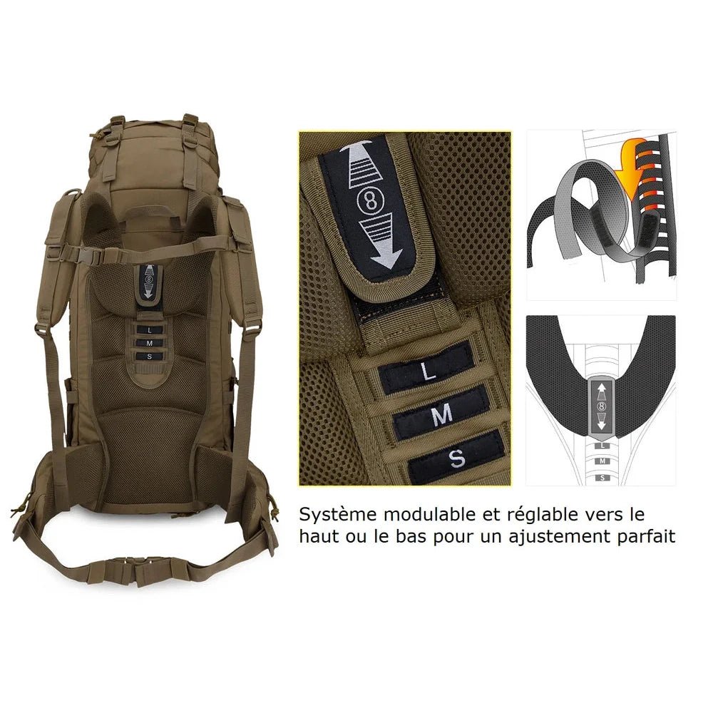 Sac à dos tactique militaire 50L 600D avec bretelles ajustables et ceinture ventrale