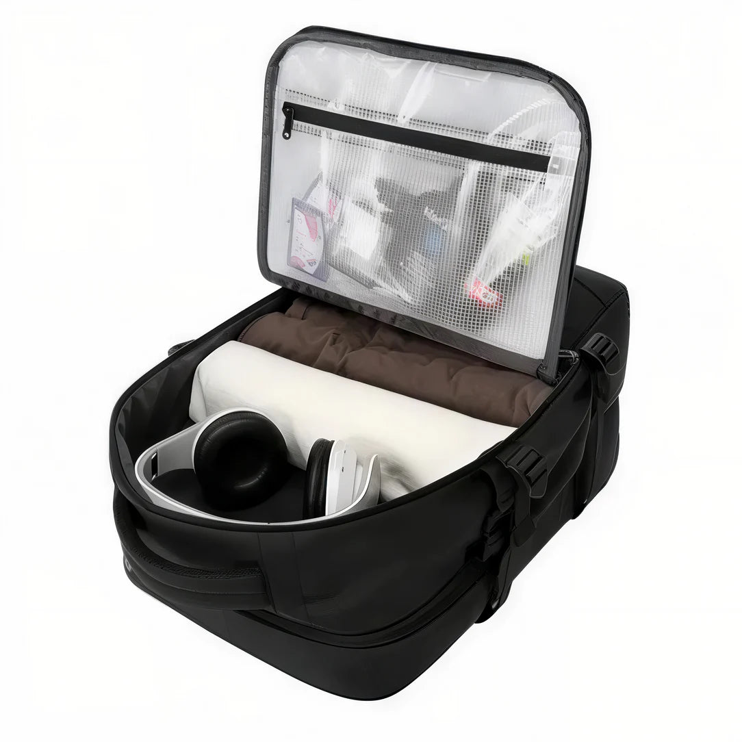 Sac de voyage noir ouvert avec compartiments organisés pour le Colossus XB 16 pouces