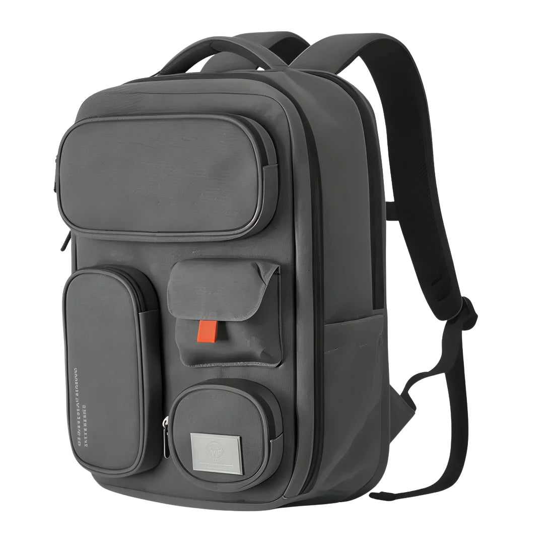 Sac à dos dur gris foncé avec poches extérieures et bretelles noires pour ordinateur 17 pouces