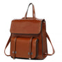 Sac à dos en cuir marron brillant avec poignée supérieure et poches frontales