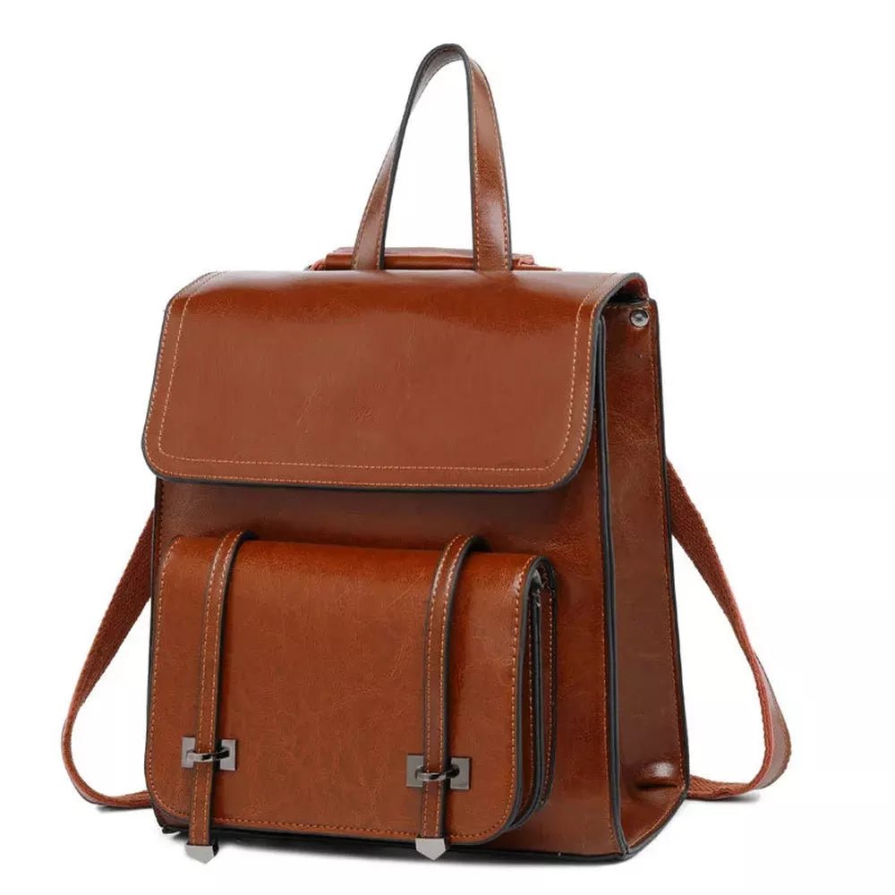 Sac à dos en cuir marron brillant avec poignée supérieure et poches frontales