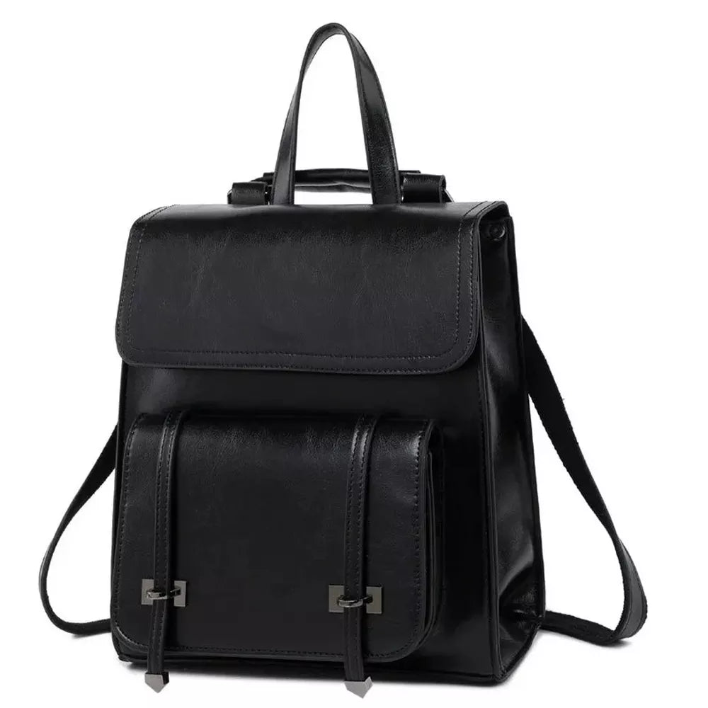 Sac à dos convertible en faux cuir noir avec poignée, rabat et poches à boucles