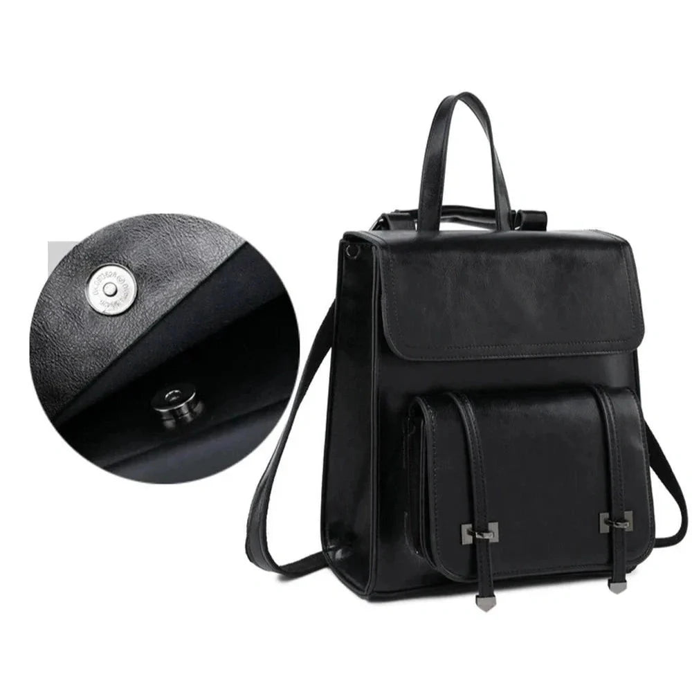 Sac à dos en faux cuir noir avec fermeture magnétique pour Petit Cartable en Cuir