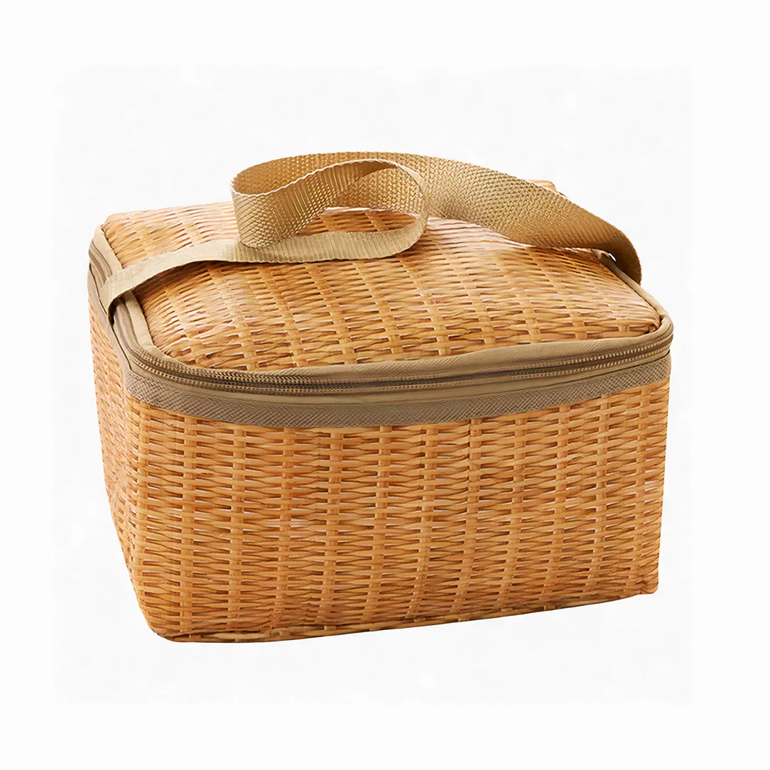 Panier pique-nique isotherme en osier tressé avec couvercle zippé et bandoulière en tissu