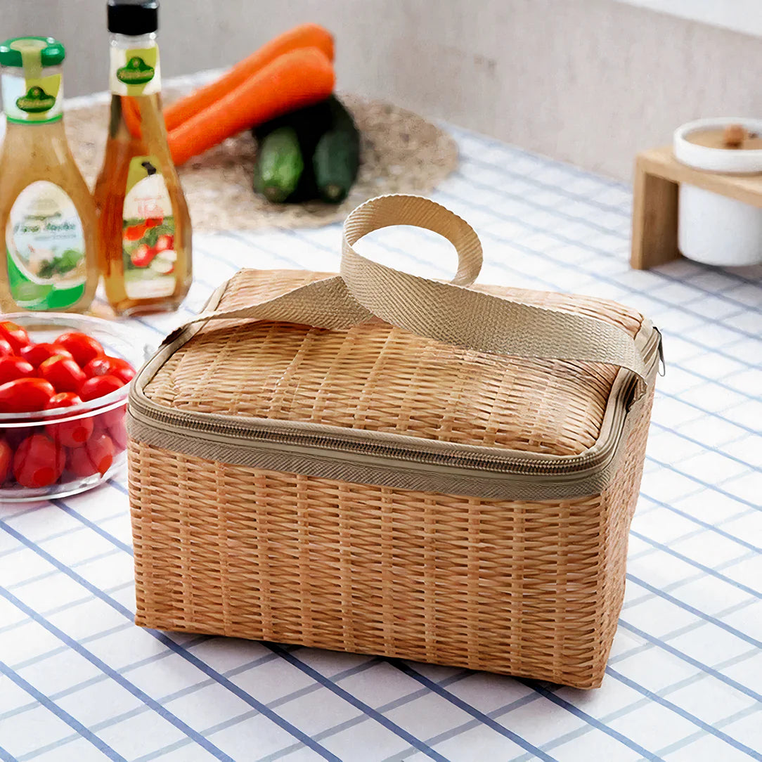Panier pique-nique en rotin tissé avec couvercle zippé et poignée en tissu Petit Panier Picnic Isotherme