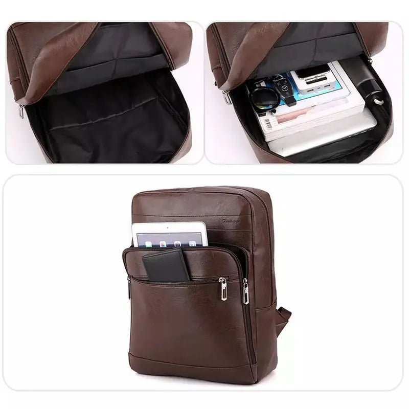 Sac à dos en cuir marron pour homme avec plusieurs compartiments élégants