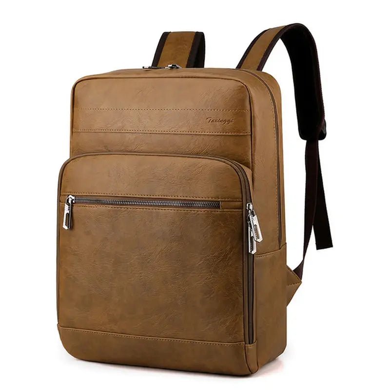 Sac à dos en faux cuir marron pour homme avec plusieurs compartiments zippés