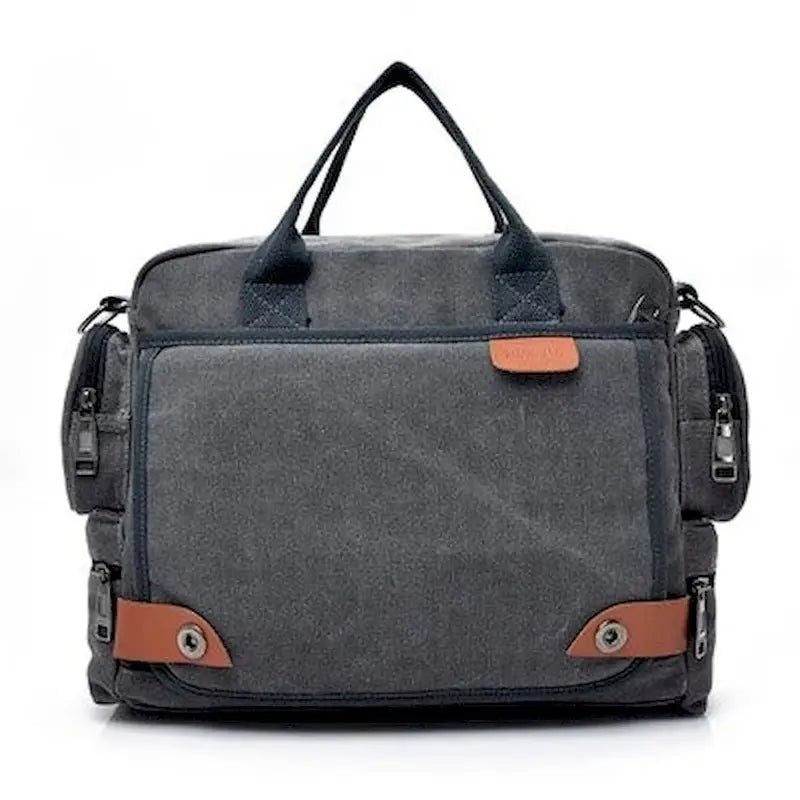 Sac à dos de voyage en toile gris foncé avec accents en cuir marron
