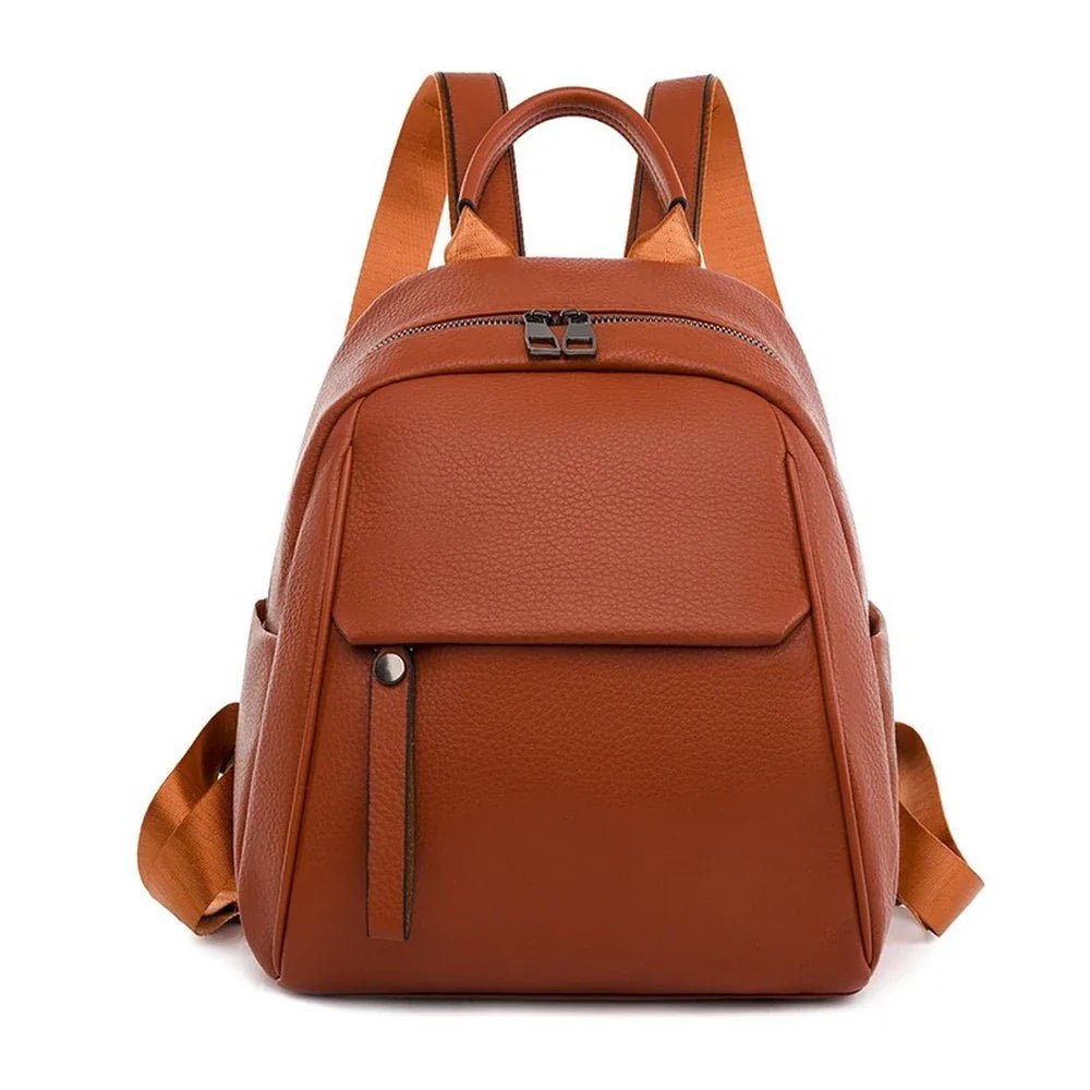 Sac à dos en cuir marron avec poignée, bretelles ajustables, poche avant à rabat