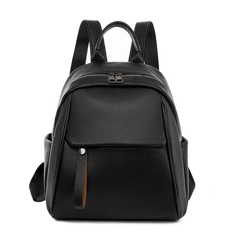 Petit sac à dos en cuir noir avec poignée, bretelles réglables et poches pratiques