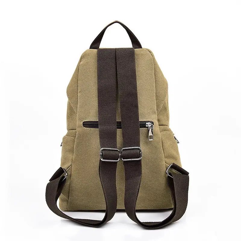 Sac à dos femme de ville en toile kaki avec bretelles marron foncé et ferrures en argent