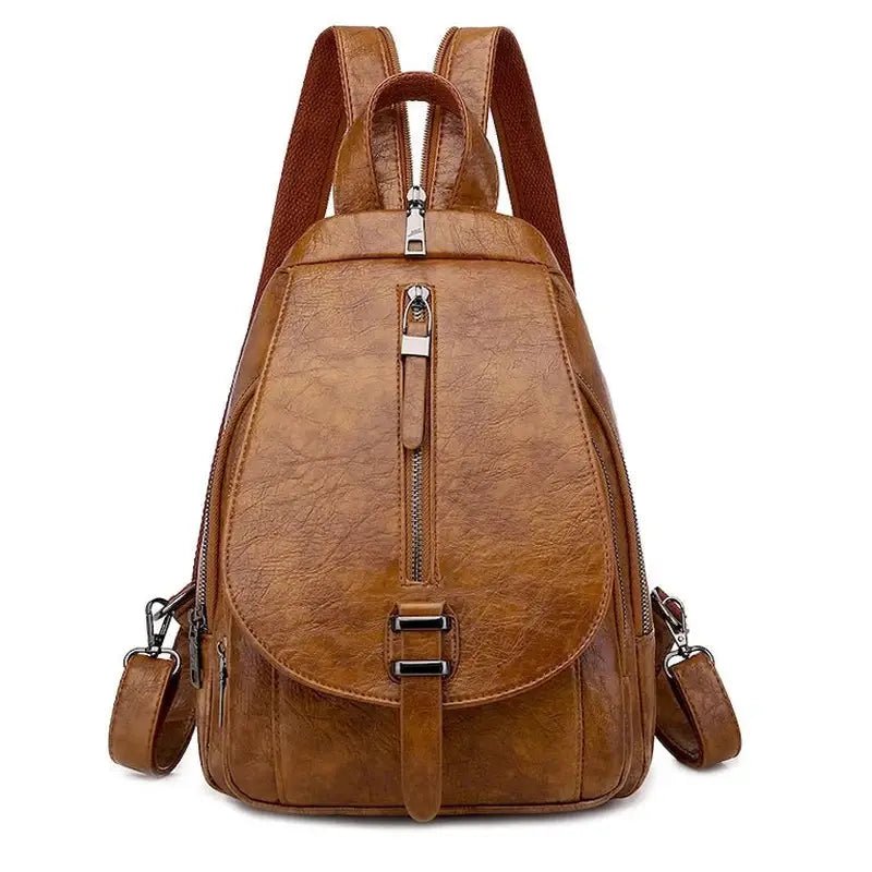 Sac à dos femme en cuir synthétique marron convertible avec zippers et sangles