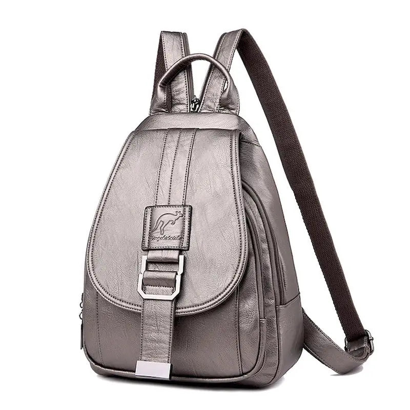 Sac à dos femme en cuir tendance en gris métallique avec boucle de fermeture
