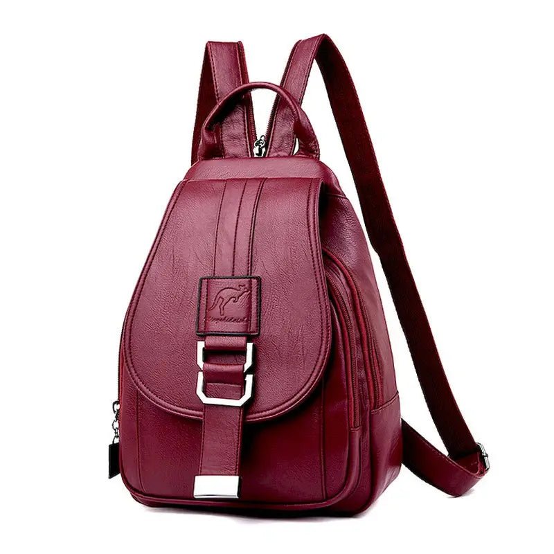 Sac à dos en cuir marron avec boucle en argent et logo Kangaroo pour femme tendance