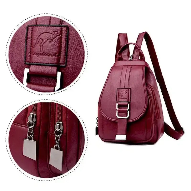 Sac à dos femme en cuir tendance marron faux avec hardware argenté et zips