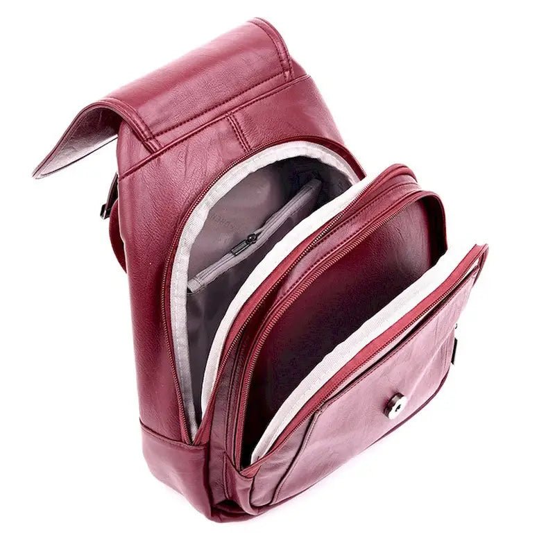 Sac à dos femme en cuir tendance marron bordeaux avec plusieurs compartiments