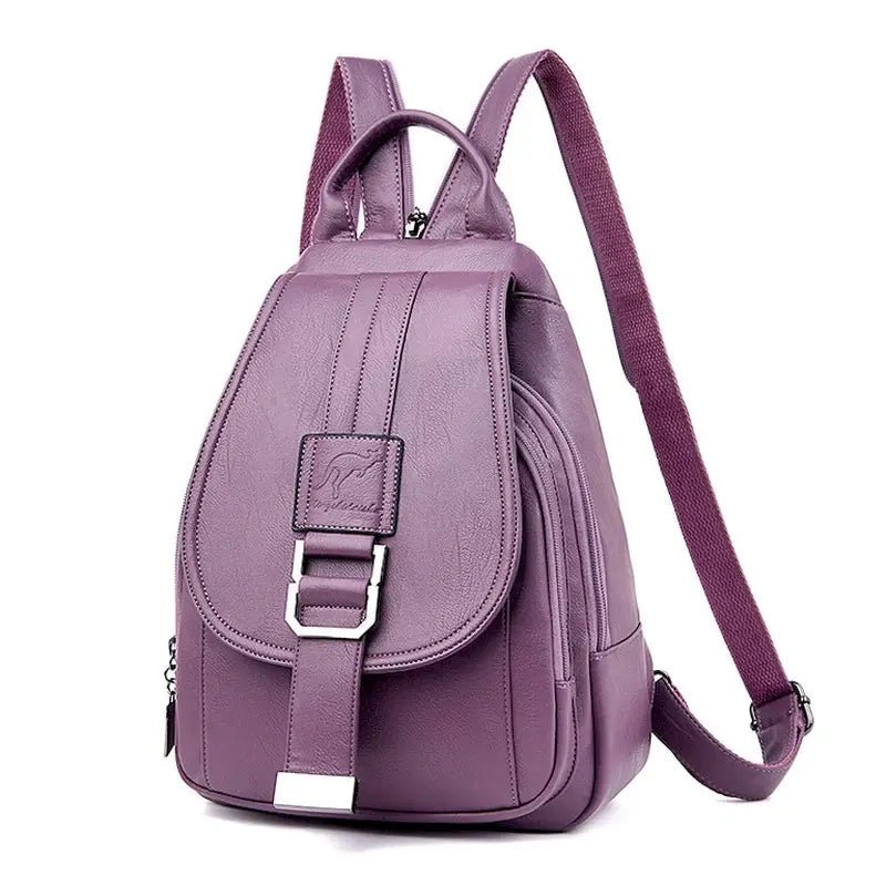 Sac à dos femme en cuir tendance violet avec rabat et boucle de fermeture