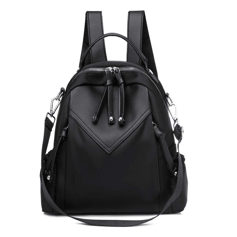 Sac à dos femme fashion en nylon et cuir noir convertible avec zips et sangles