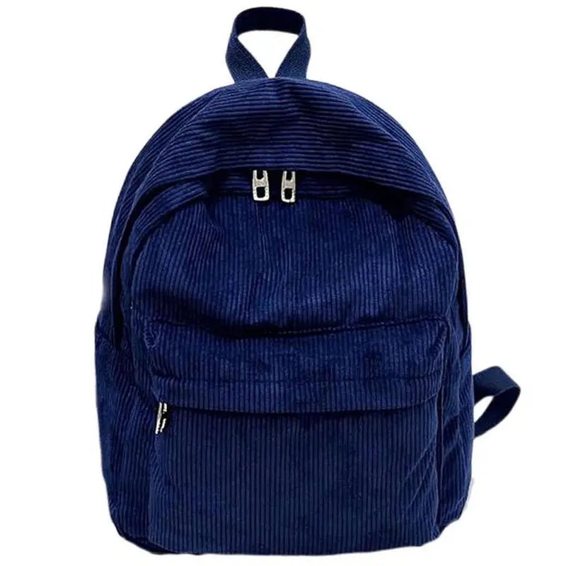 Sac à dos fille en velours côtelé bleu marine avec poignée et deux compartiments zippés