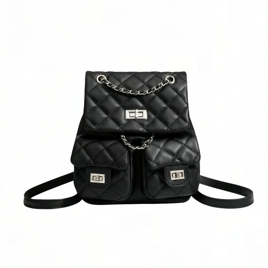 Sac à dos en cuir quilté noir avec chaînes et matelassé granit