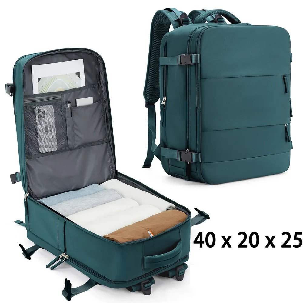 Sac 40x20x25 sac à dos vert avec plusieurs compartiments et roulettes pour voyager