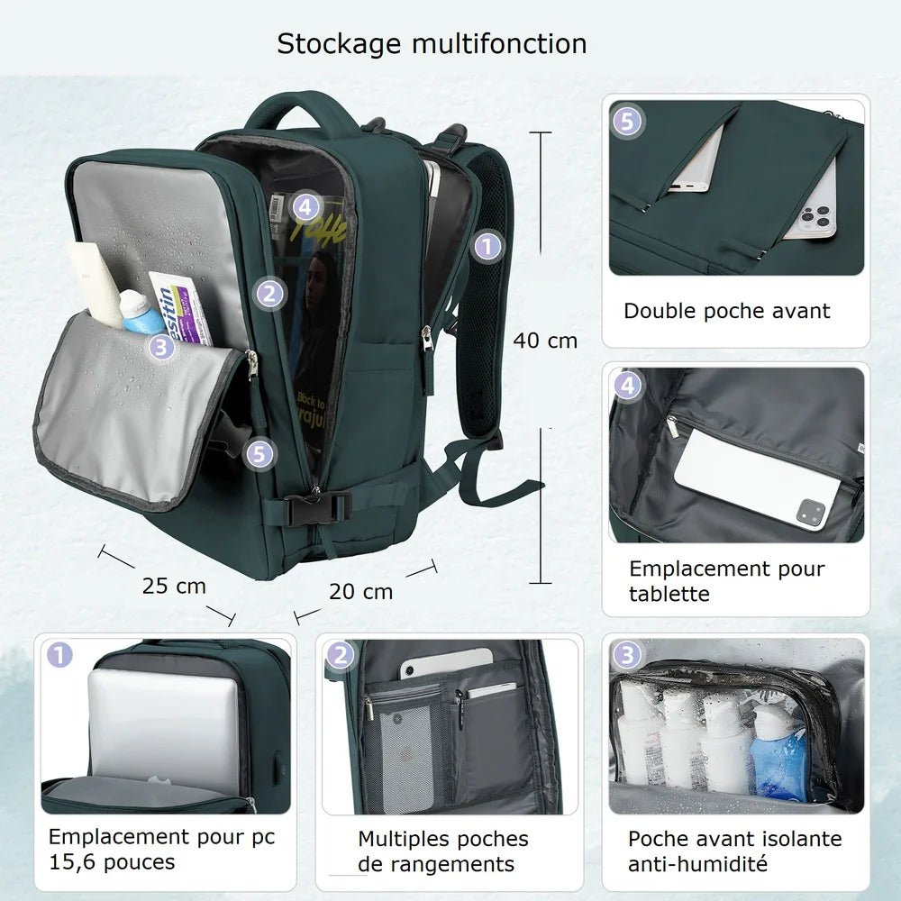 Sac 40x20x25 sac à dos vert foncé avec plusieurs compartiments pour électronique et articles divers