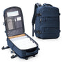 Sac 40x20x25 sac à dos de voyage bleu ouvert et fermé avec compartiments organisés