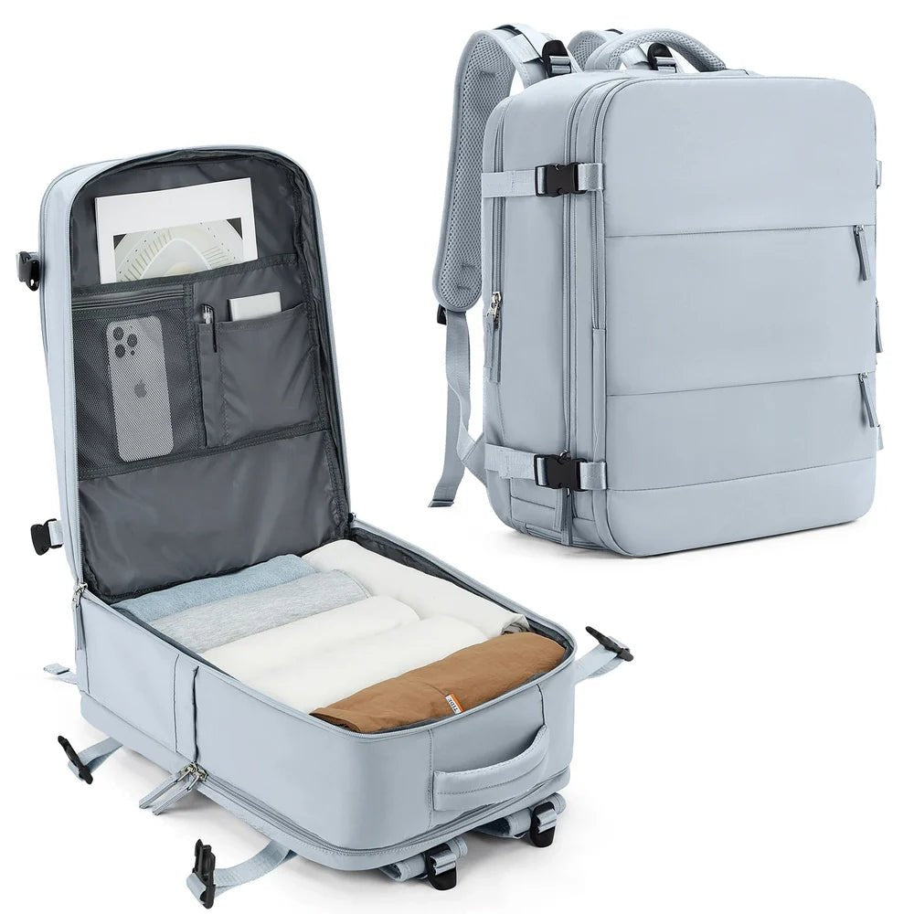 Sac 40x20x25 sac à dos de voyage convertible bleu clair avec plusieurs compartiments