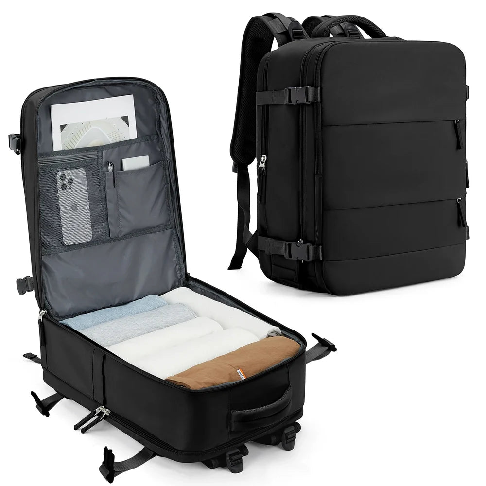 Sac 40x20x25 sac à dos de voyage noir avec compartiments, poche rembourrée pour ordinateur portable