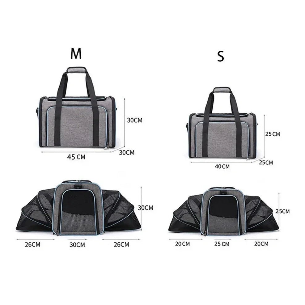 Sac à bandoulière extensible pour chat et chien avec porteurs gris et côtés en mesh extensible