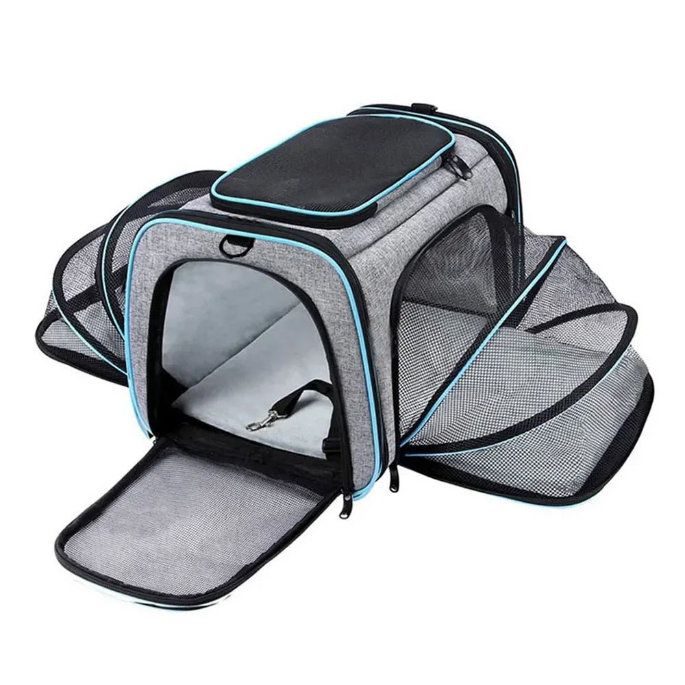 Sac à bandoulière extensible pour chat et chien avec porte gris, trim bleu et fenêtres en mesh