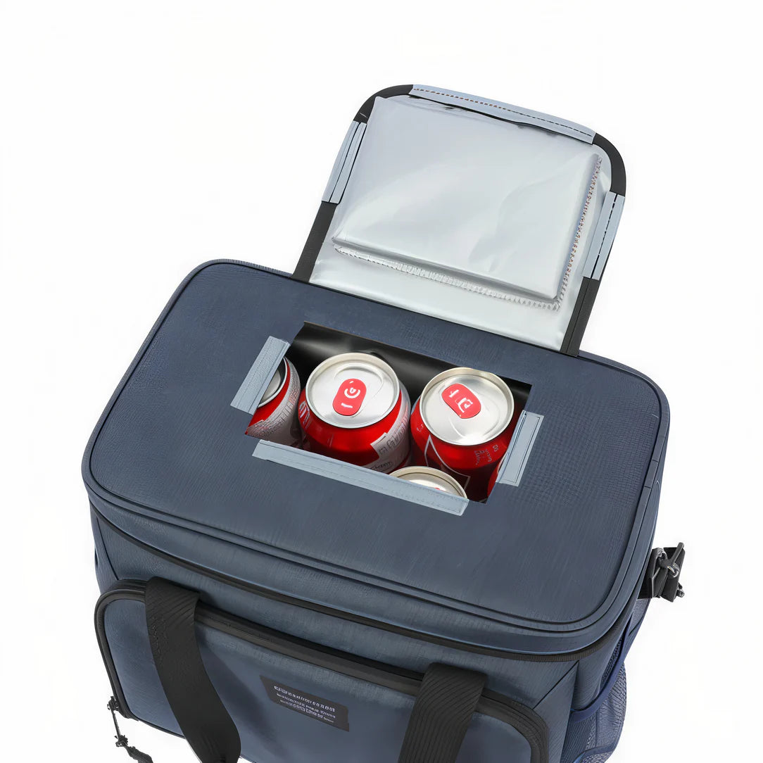 Sac à bandoulière isotherme 10L avec glacière bleu marine et canettes rouges à l’intérieur