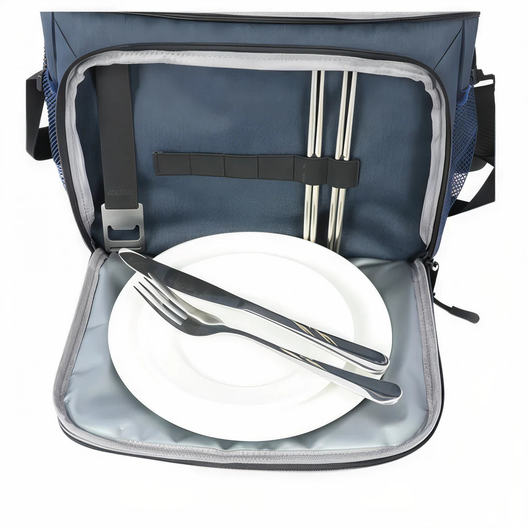 Sac à bandoulière isotherme 10L avec sac bleu, assiette blanche et couverts